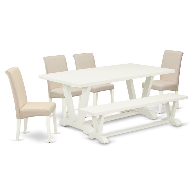 Pemberly Row V-Style 6-Piece Wood Dining Set with Bench in Cream