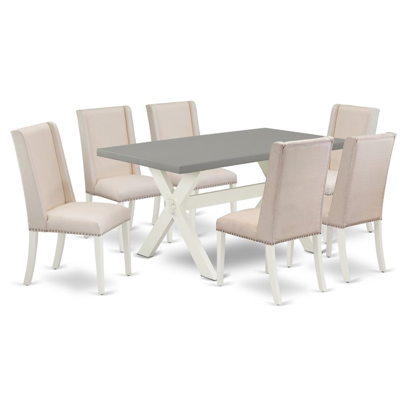 Pemberly Row 7-Piece Wood Dining Set in Cream Linen and Cement Finish