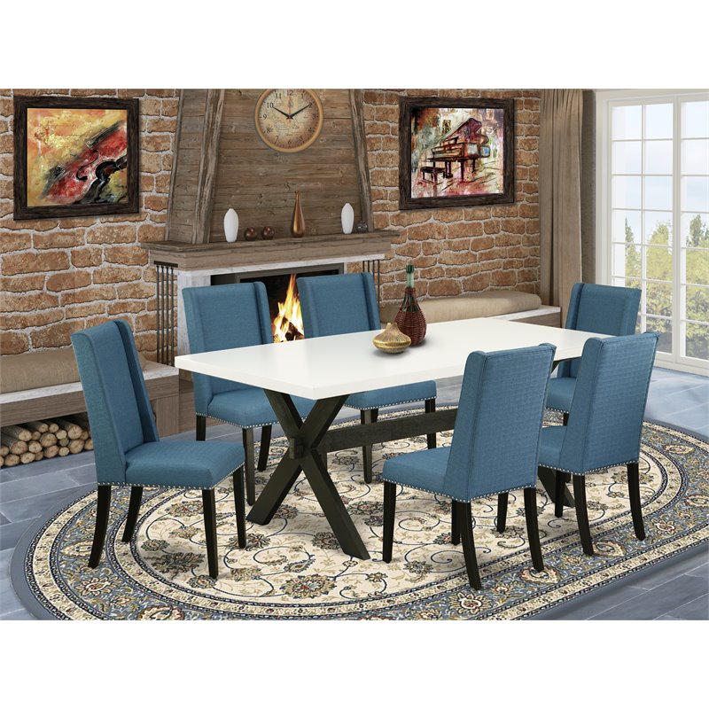 Pemberly Row X-Style 7-Piece Wood Dining Set in Black and Mineral Blue
