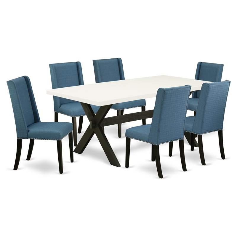 Pemberly Row X-Style 7-Piece Wood Dining Set in Black and Mineral Blue