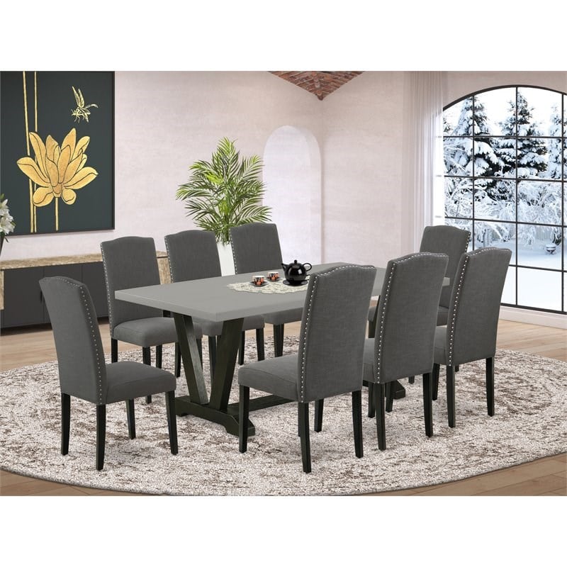 Pemberly Row V-Style 9-Piece Dining Room Set in Dark Gotham Gray
