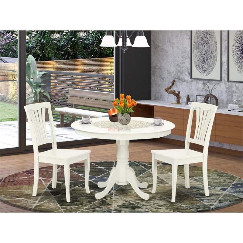 Pemberly Row 3-Piece Linen White Round Dining Set with Wooden Seats