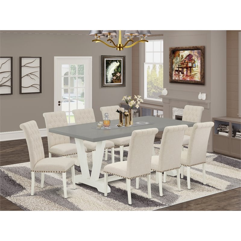 Pemberly Row 9-Piece Wood Dining Set in White and Light Beige