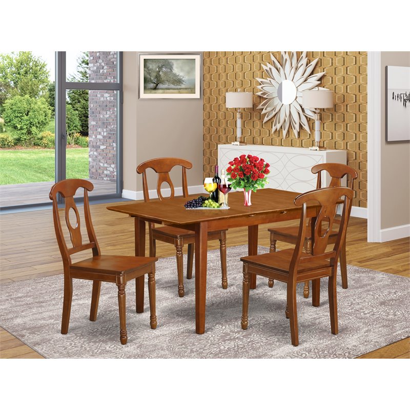 Pemberly Row Picasso 5-Piece Dining Set with Butterfly Leaf in Saddle Brown