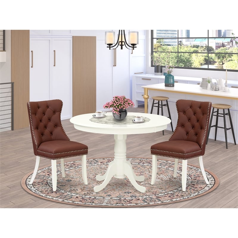 Pemberly Row 3-Piece Round Dining Room Set in Linen White/Burgundy Finish