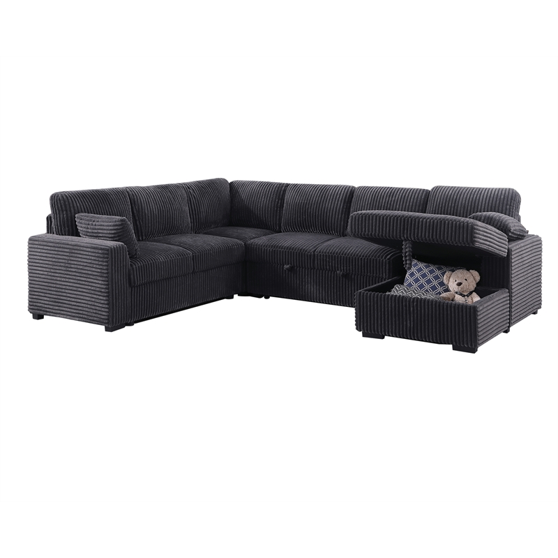 Pemberly Row Modern Sectional Sleeper Pull Out Bed Fabric in Dark Gray