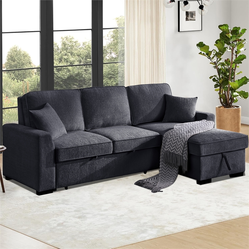 Pemberly Row Chenille L-Shaped Pull Out Sleeper Sofa Bed in Gray