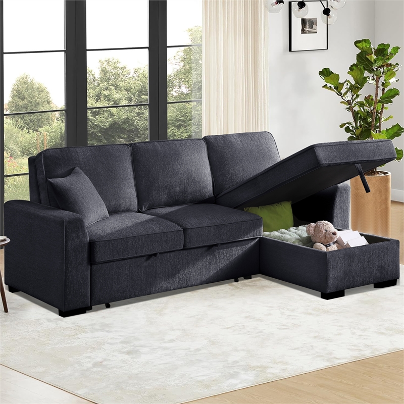 Pemberly Row Chenille L-Shaped Pull Out Sleeper Sofa Bed in Gray