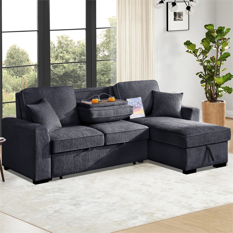 Pemberly Row Chenille L-Shaped Pull Out Sleeper Sofa Bed in Gray