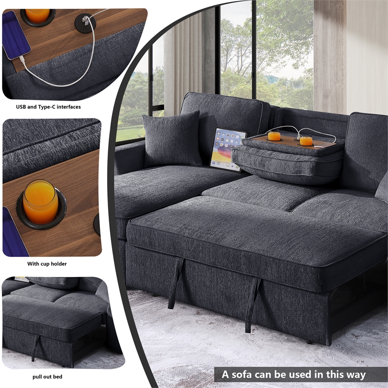 Pemberly Row Chenille L-Shaped Pull Out Sleeper Sofa Bed in Gray