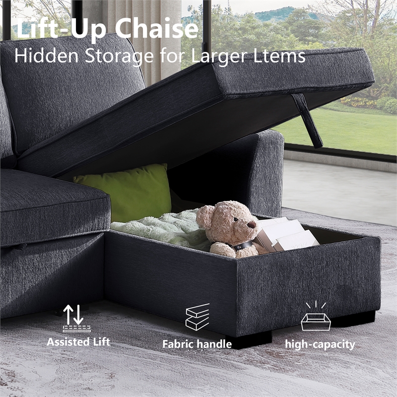 Pemberly Row Chenille L-Shaped Pull Out Sleeper Sofa Bed in Gray