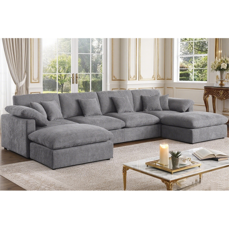 Pemberly Row U-Shaped Chenille Cloud Sectional Sofa with Ottoman in Gray