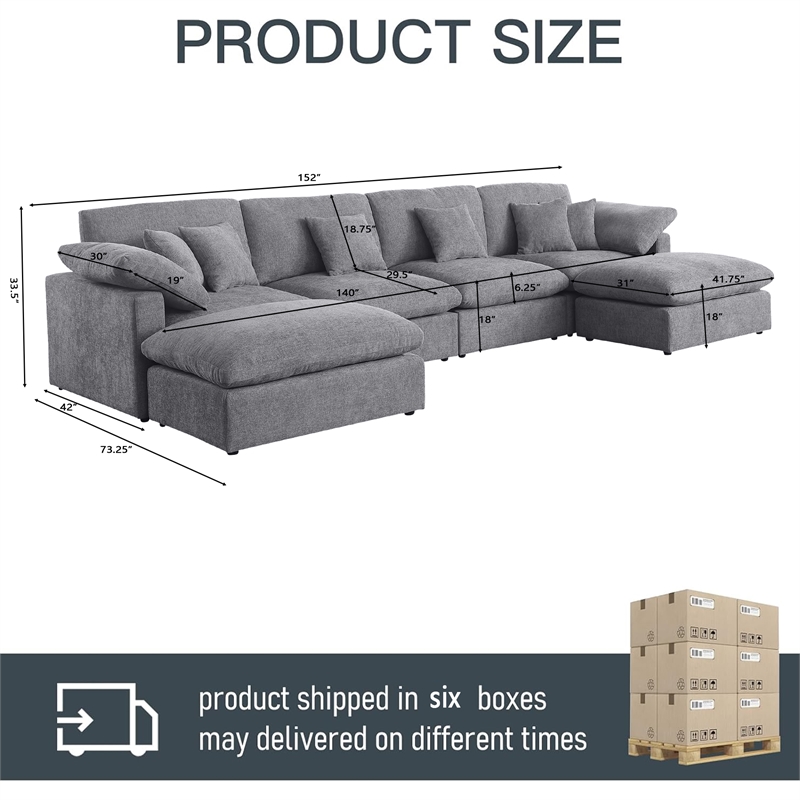 Pemberly Row U-Shaped Chenille Cloud Sectional Sofa with Ottoman in Gray