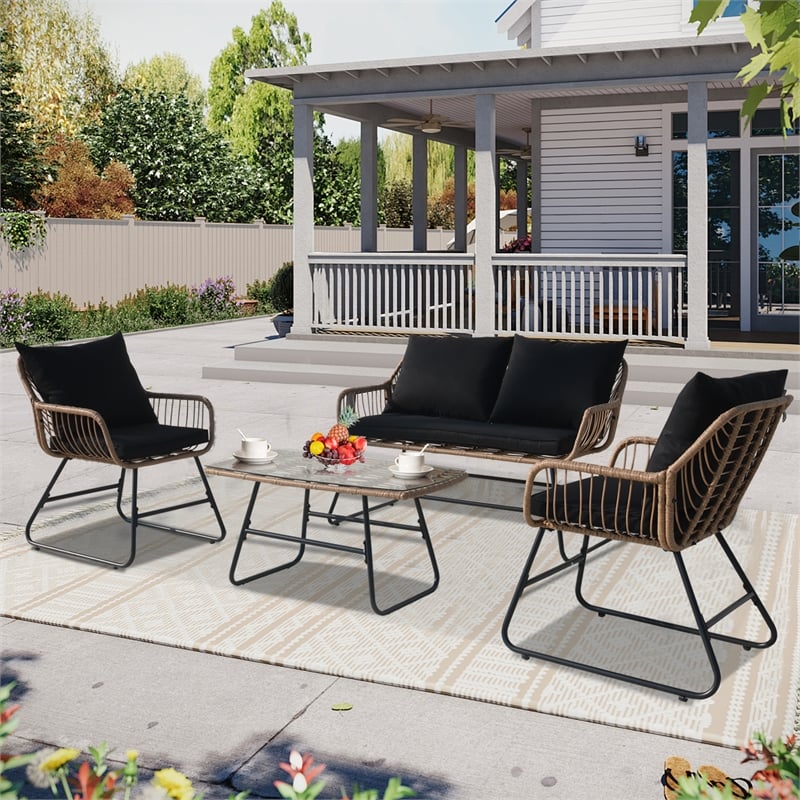 Pemberly Row 4-Piece Rattan Wicker Outdoor Patio Set with Table
