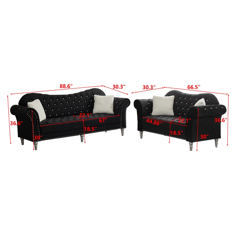 Pemberly Row Modern Velvet Button Tufted Sofa and Loveseat Set in Black