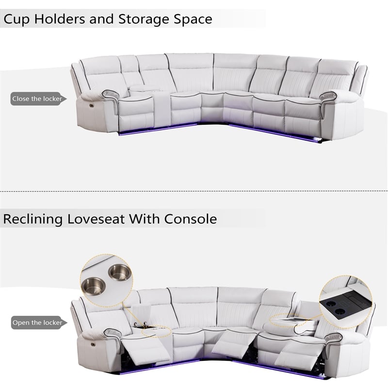 Pemberly Row Power Reclining L-Shaped Sectional Sofa PU Leather in White