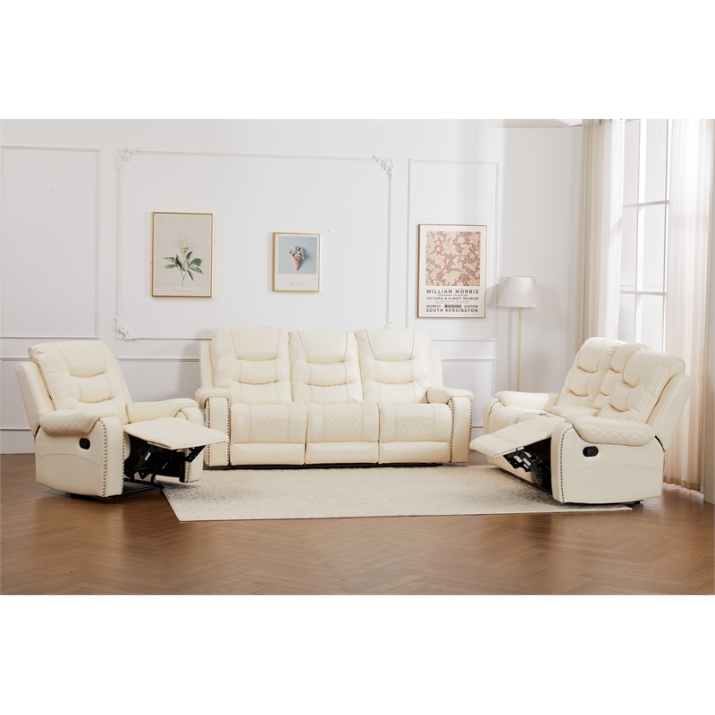 Pemberly Row 3-Piece Faux Leather Reclining Sofa Set USB in Beige