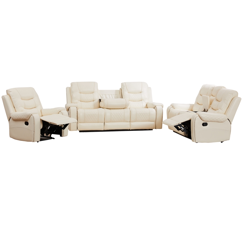 Pemberly Row 3-Piece Faux Leather Reclining Sofa Set USB in Beige