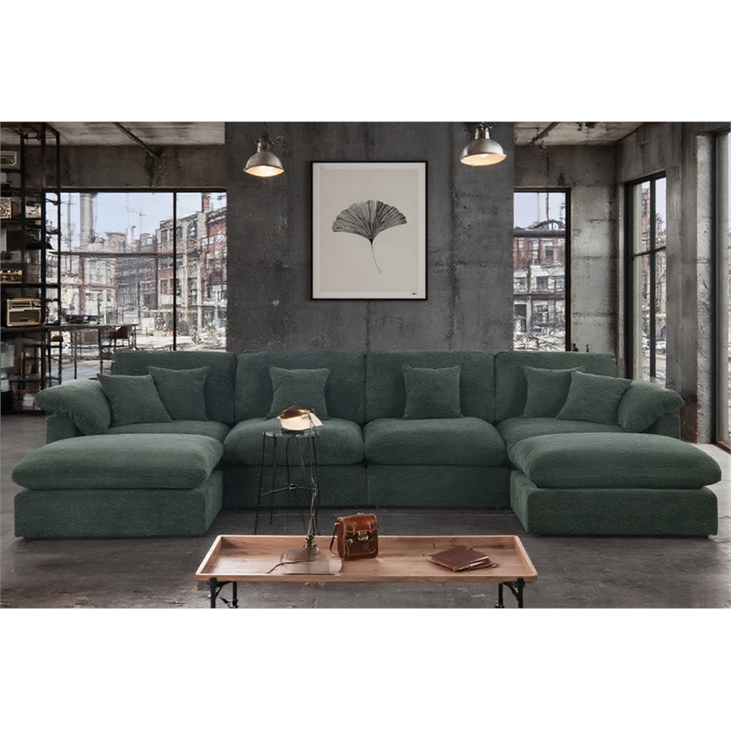 Pemberly Row U-Shaped Chenille Cloud Sectional Sofa with Ottoman in Green