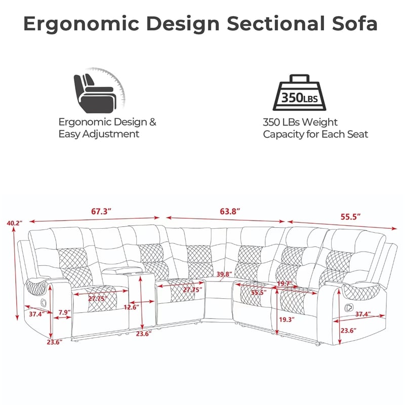 Pemberly Row Modern L-Shaped Manual Reclining Faux Leather Sofa in Black