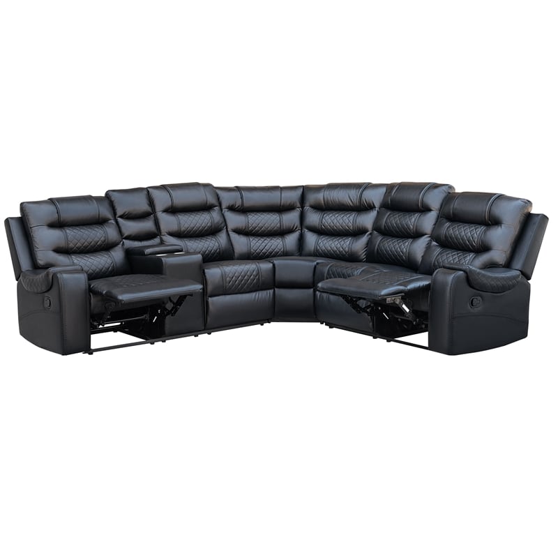 Pemberly Row Modern L-Shaped Manual Reclining Faux Leather Sofa in Black