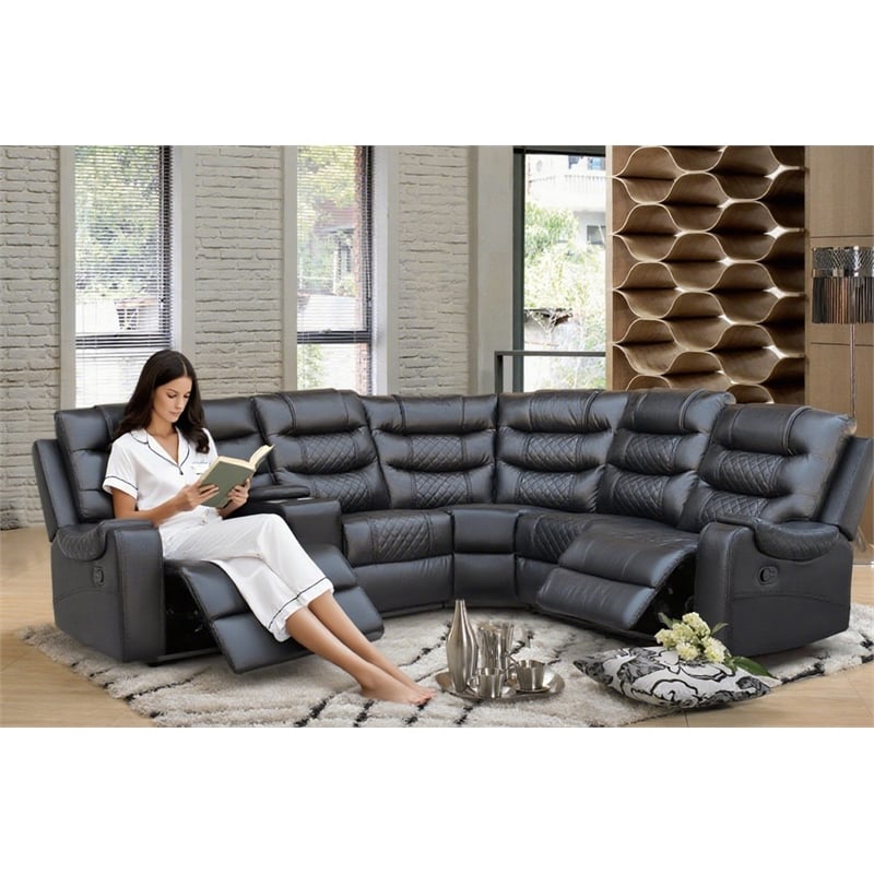 Pemberly Row Modern L-Shaped Manual Reclining Faux Leather Sofa in Black