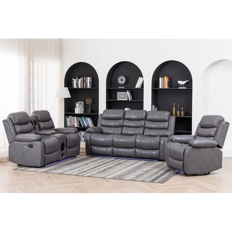 Pemberly Row 3-Piece Faux Leather Reclining Sofa Set Bluetooth in Gray