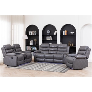 Pemberly Row 3-Piece Faux Leather Reclining Sofa Set Bluetooth in Gray