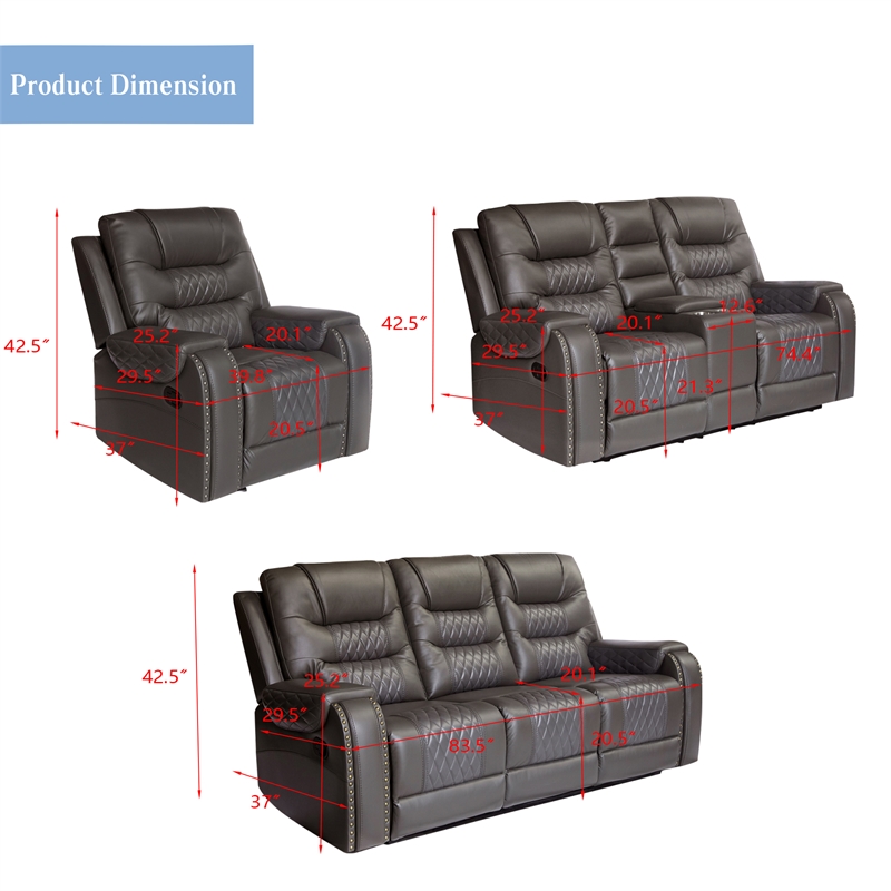 Pemberly Row 3-Piece Manual Recliner Sofa Set PU Leather in Gray