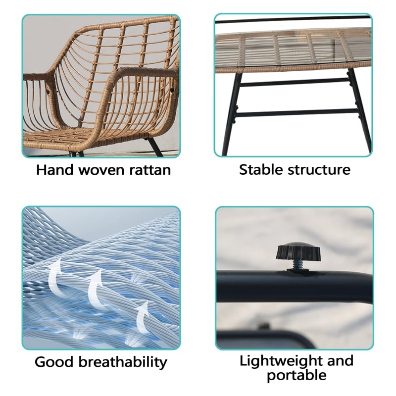Pemberly Row 4-Piece Rattan Wicker Outdoor Patio Set with Table in Beige