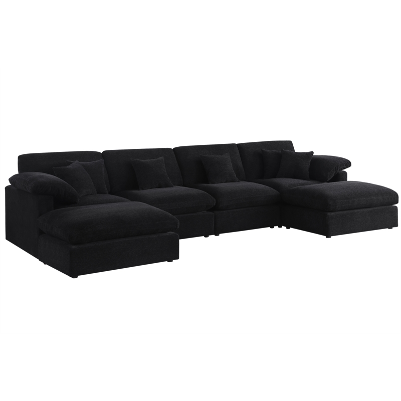 Pemberly Row U-Shaped Chenille Cloud Sectional Sofa with Ottoman in Black