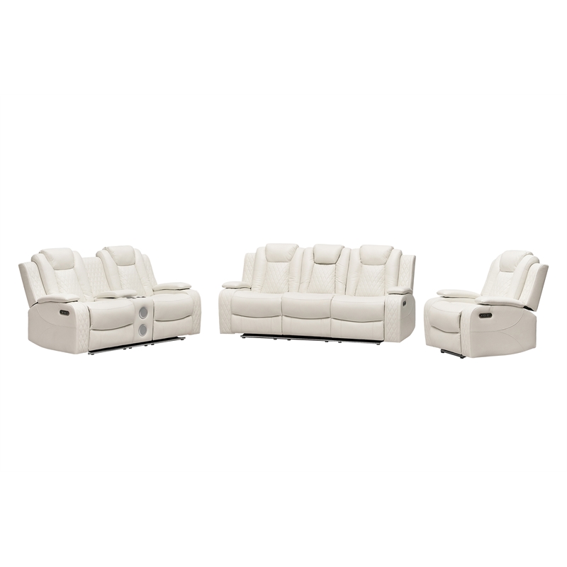 Pemberly Row 3-Piece Power Reclining Sofa Set Faux Leather LED in White