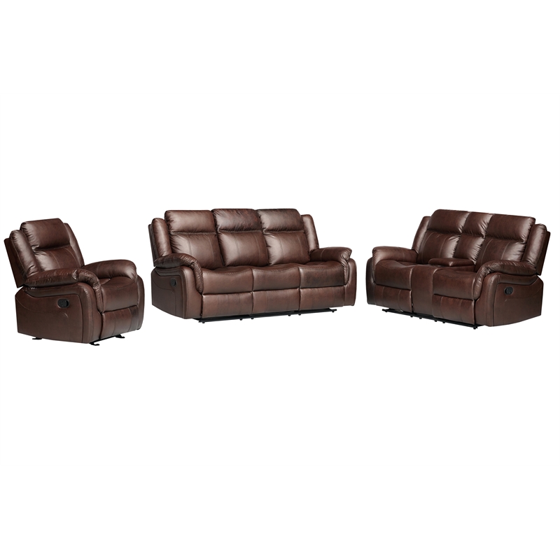 Pemberly Row 3-Piece Faux Leather Reclining Sofa Set with Table in Brown