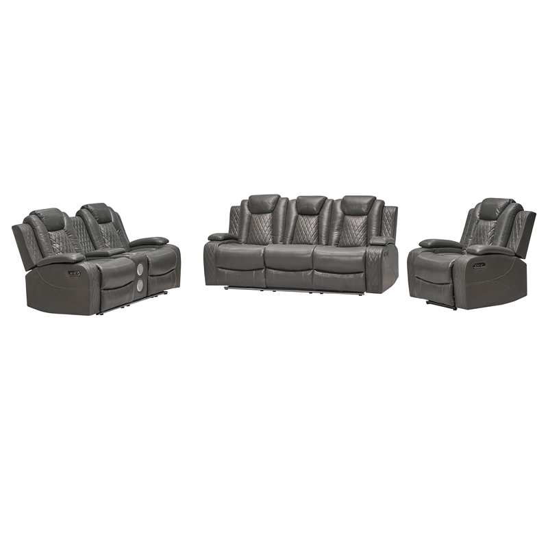 Pemberly Row 3-Piece Power Reclining Sofa Set Faux Leather LED in Gray