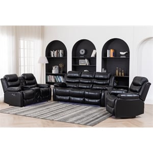 Pemberly Row 3-Piece Faux Leather Reclining Sofa Set Bluetooth in Black