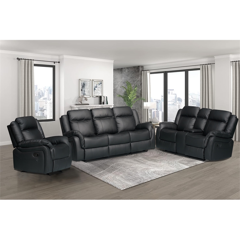 Pemberly Row 3-Piece Faux Leather Reclining Sofa Set with Table in Black