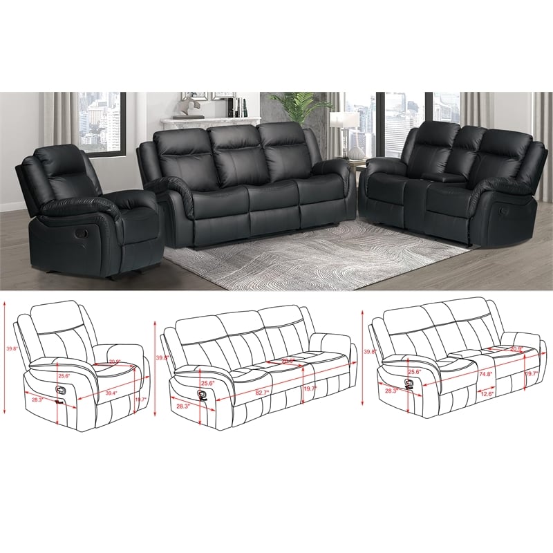 Pemberly Row 3-Piece Faux Leather Reclining Sofa Set with Table in Black