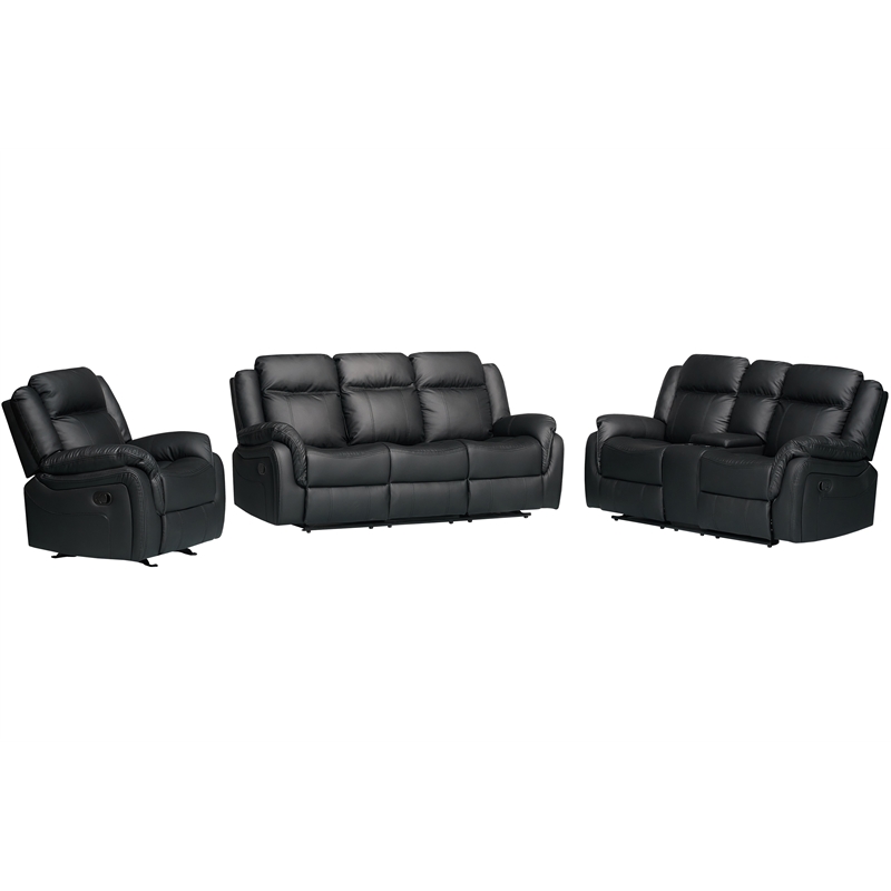 Pemberly Row 3-Piece Faux Leather Reclining Sofa Set with Table in Black