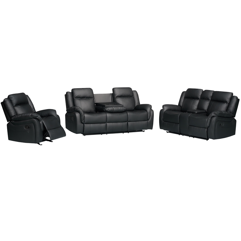 Pemberly Row 3-Piece Faux Leather Reclining Sofa Set with Table in Black