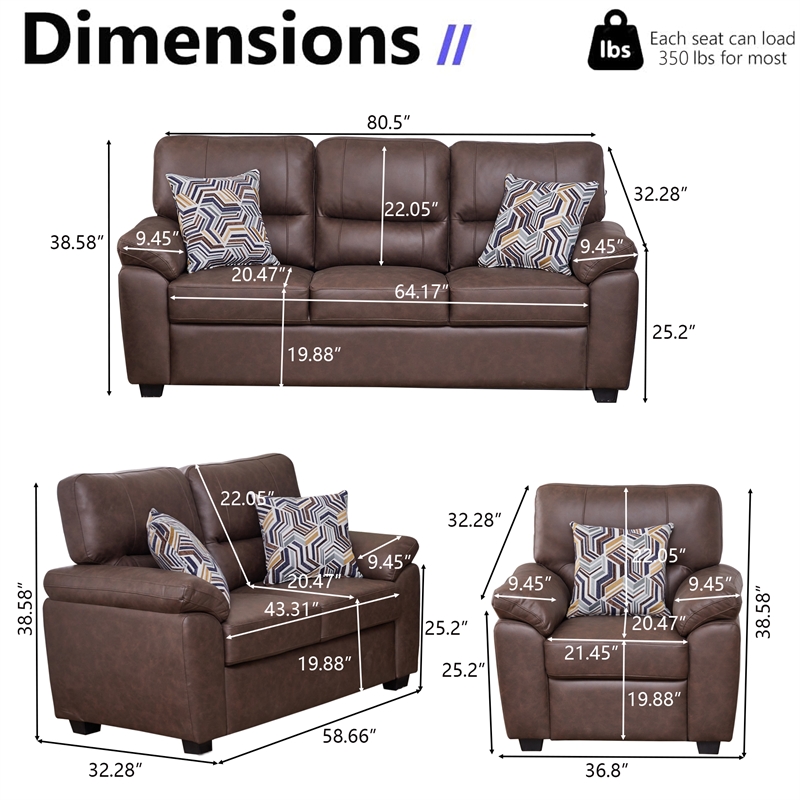 Pemberly Row 3-Piece Matte Faux Leather Living Room Sofa Set in Brown