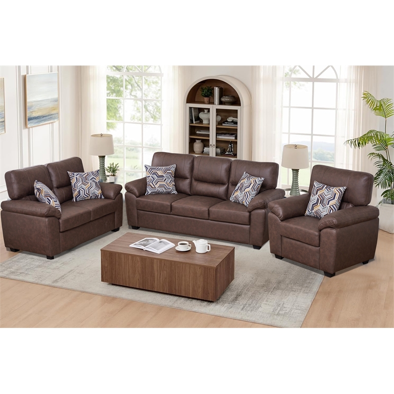 Pemberly Row 3-Piece Matte Faux Leather Living Room Sofa Set in Brown
