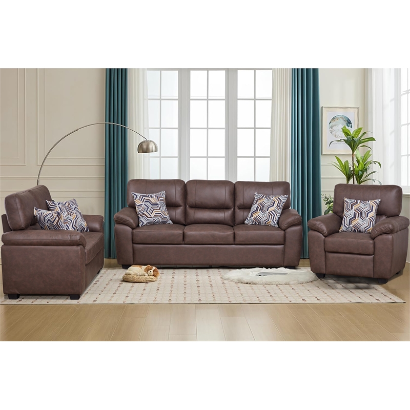 Pemberly Row 3-Piece Matte Faux Leather Living Room Sofa Set in Brown
