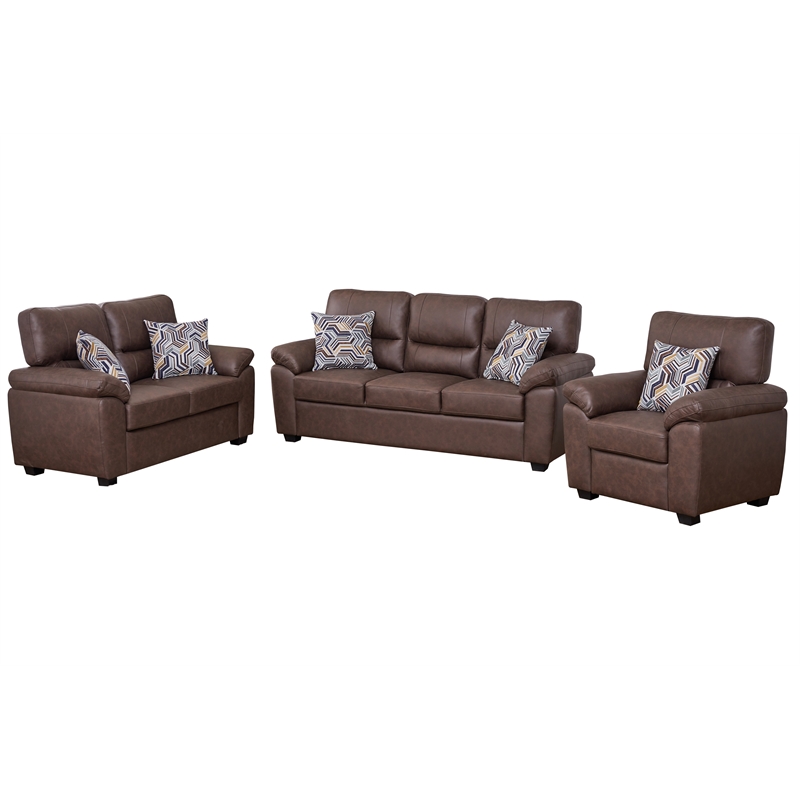 Pemberly Row 3-Piece Matte Faux Leather Living Room Sofa Set in Brown