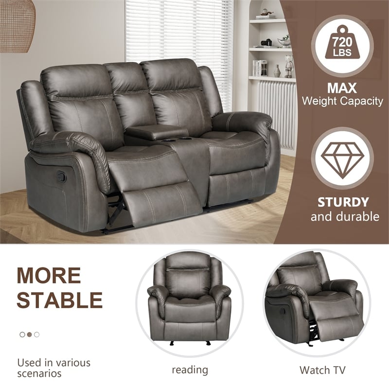 Pemberly Row 3-Piece Faux Leather Reclining Sofa Set with Table in Gray