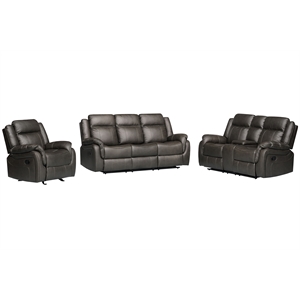 Pemberly Row 3-Piece Faux Leather Reclining Sofa Set with Table in Gray
