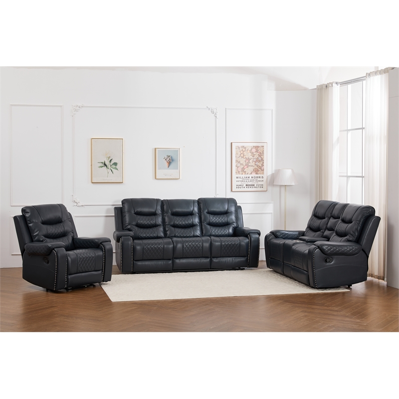 Pemberly Row 3-Piece Faux Leather Reclining Sofa Set USB in Navy Blue