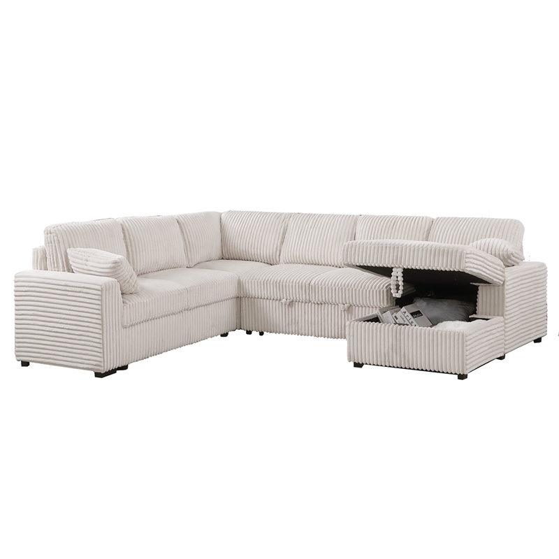 Pemberly Row Modern Sectional Sleeper Pull Out Bed Fabric in Beige