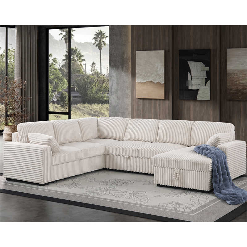 Pemberly Row Modern Sectional Sleeper Pull Out Bed Fabric in Beige