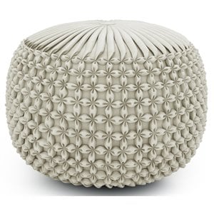 Pemberly Row Boho Tufted Round Pouf Ottoman in Cream Velvet Fabric