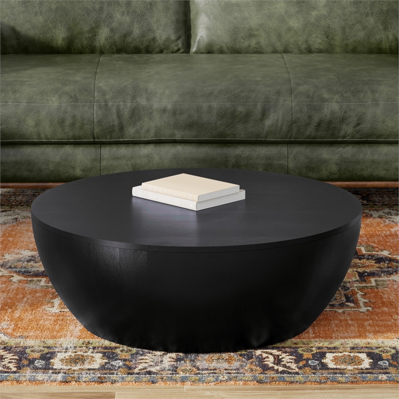 Pemberly Row 34 inch Wide Solid Mango Drum Coffee Table in Black